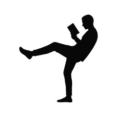 Silhouette of a man casually reading a book leg raised relaxed pose vector illustration bookworm reader studying