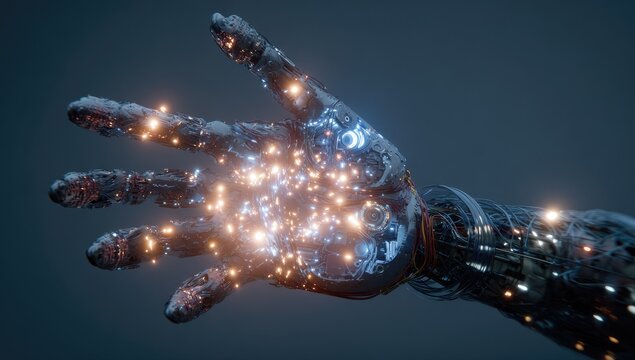 Robotic hand reveals glowing circuitry and complex internal structure - Powered by Adobe