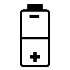Battery with a plus sign on it. The battery is empty. The battery is black and white