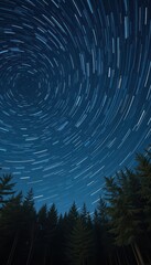 A long exposure photograph capturing the circular motion of star trails in the night sky over a forest.
