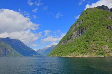 Scenic view at Geirangerfjord in Geiranger, Norway