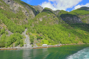 Scenic view at Geirangerfjord in Geiranger, Norway