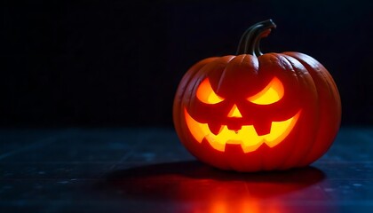 Glowing Halloween pumpkin lantern with a spooky, carved face stands against a dark backdrop, casting an eerie light.