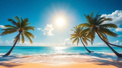 Idyllic Tropical Paradise Beach with Palm Trees and Turquoise Water, Summer Vacation Background.