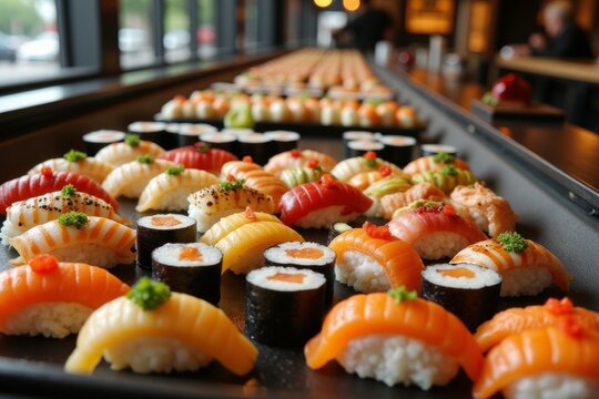 Assorted sushi pieces displayed on a tray.