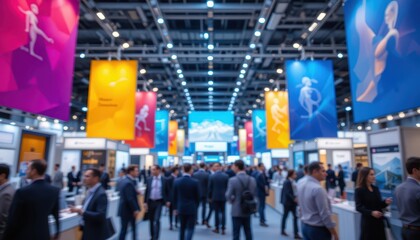 A vibrant trade show hall with colorful banners and blurred businesspeople networking.