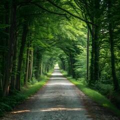 Obraz premium Peaceful dirt road surrounded by tall, green trees forming a leafy tunnel.