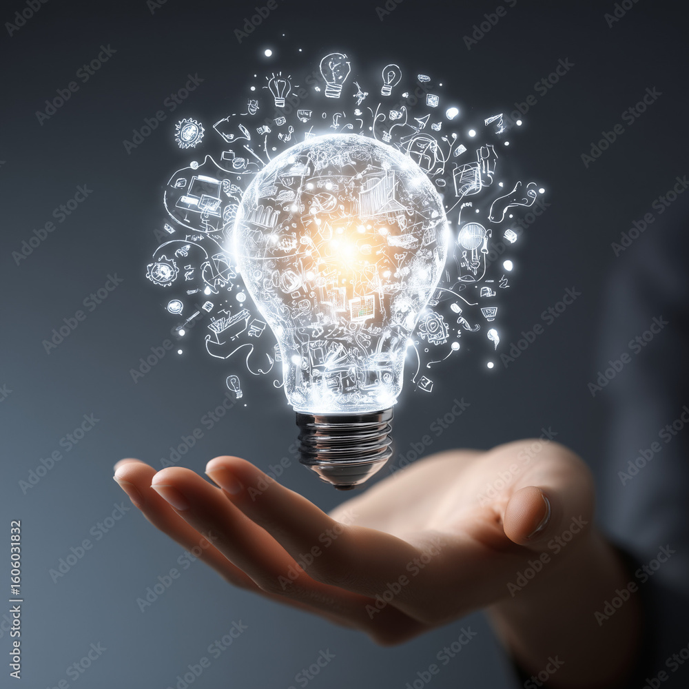 Poster spark innovative thinking with a glowing idea bulb held in a caring hand, visualizing creativity