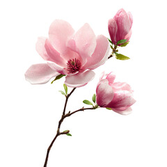 Delicate Pink Magnolia Blossom on Branch, isolated on transparent background.