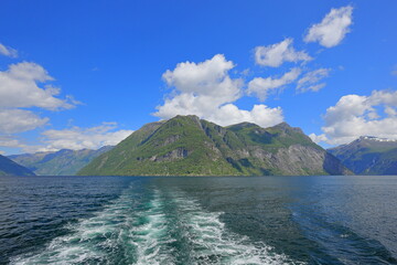Scenic view at Geirangerfjord in Geiranger, Norway