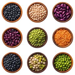 Assorted Legumes in Wooden Bowls: Colorful and Nutritious Variety, isolated on transparent background.