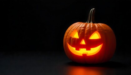 Carved pumpkin glows with warm light on a dark surface, capturing the spirit of Halloween season.