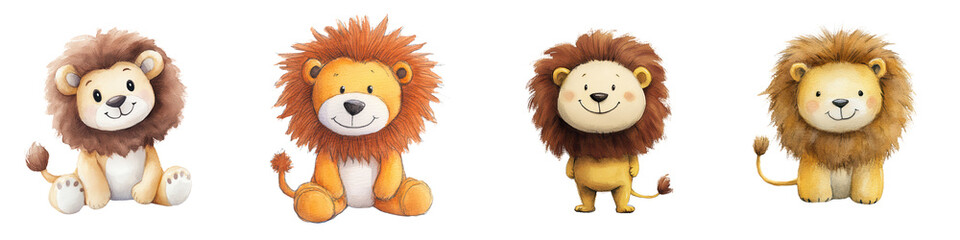 Cute Cartoon Lions with Varying Expressions and Colors for Kids, isolated on transparent background.
