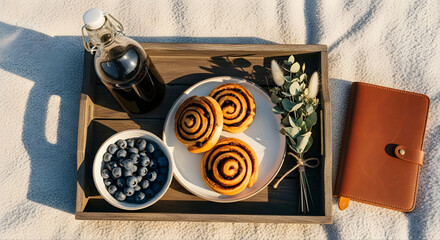 Top-down flatlay of a rustic picnic tray on a light blanket featuring cold brew coffee in glass bottle, cinnamon rolls, blueberries, leather journal, and a dried bouquet with eucalyptus leaves. 