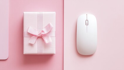 Pink gift box and computer mouse on a pastel pink surface