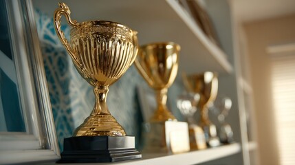 Gold trophies on a shelf
