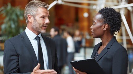 Two business professionals in a modern office setting, discussing a project.