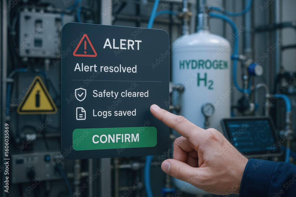Aufkleber alert resolved notification on industrial control panel with green confirm button and hydrogen stora