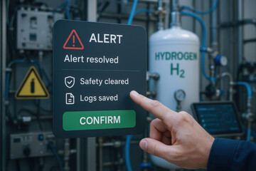 Alert resolved notification on industrial control panel with green confirm button and hydrogen storage tank in background