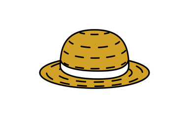 麦わら帽子のシンプルな線画イラスト、夏のイラスト、白黒
