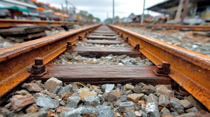 A close-up view of a train track with rusty metal rails and gravel bed.