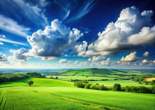 Overlooking green fields from a hilltop under a bright blue sky with fluffy white clouds