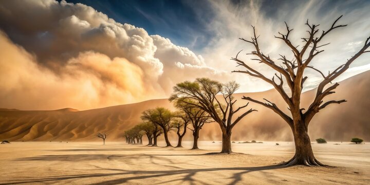 Desert landscape with ancient twisted trees and a mysterious dust storm