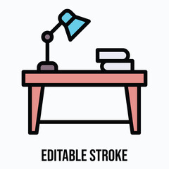 Desk, Lamp, Books Vector Icon, Isolated Vector Lineal Color Style Icon, Editable Stroke.