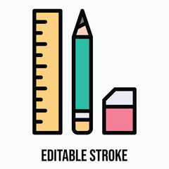Pencil, Ruler, Eraser Vector Icon, Isolated Vector Lineal Color Style Icon, Editable Stroke.