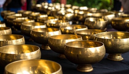 A serene collection of polished golden bowls arranged in rows, representing peace, meditation, and spiritual offerings