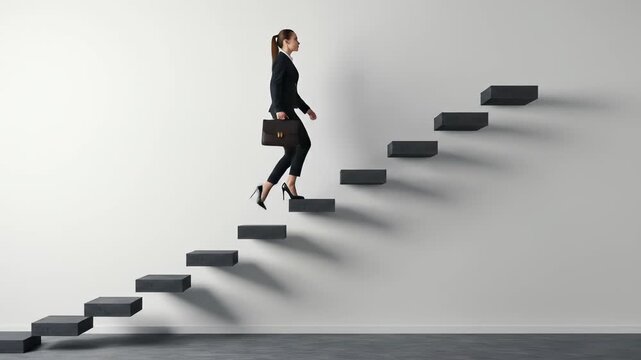 Woman in business suit climbing modern abstract stairs with briefcase, symbolizing career progression