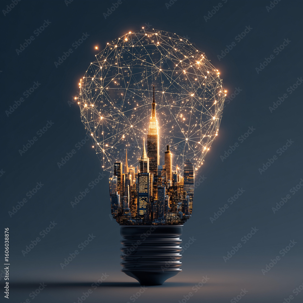 Poster brilliant idea: city skyline illuminated within a glowing lightbulb network symbolizing innovation a