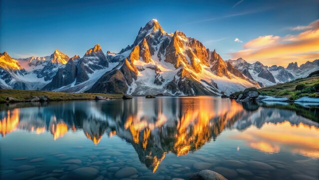 Snow-capped peak of Aiguille du Midi reflected in calm waters of Lac Bleu during golden hour