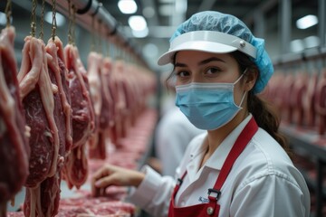 Woman in a food processing facility examining meat cuts.