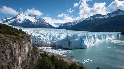 A majestic glacier stretching across a vast, turquoise lake with snow-capped mountains in the background.