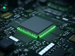 Obraz premium Illuminated Chip on Circuit Board, Showcasing Precision Hardware, Circuit Design & Futuristic Lighting in Electronics, for Tech Content, Electronic Engineering & Hardware Display