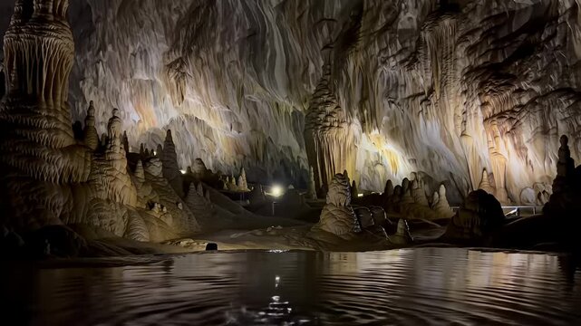 Subterranean cave with stalactites, stalagmites, and dark water