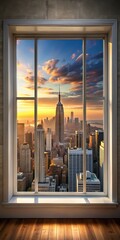 Elegant window frame showcases New York City's majestic skyline against sunset hues