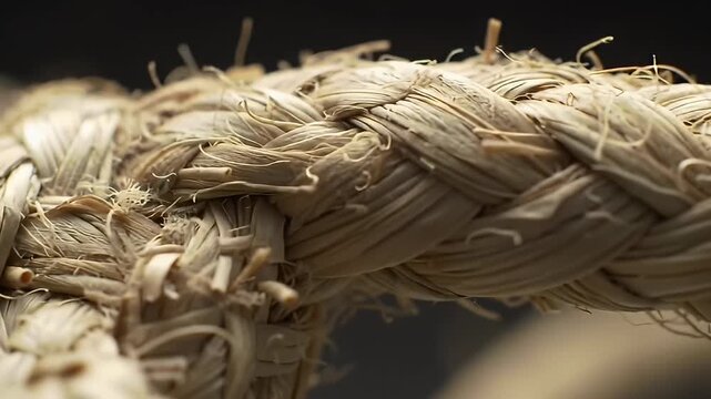 Braided natural rope closeup with frayed edges against a dark background