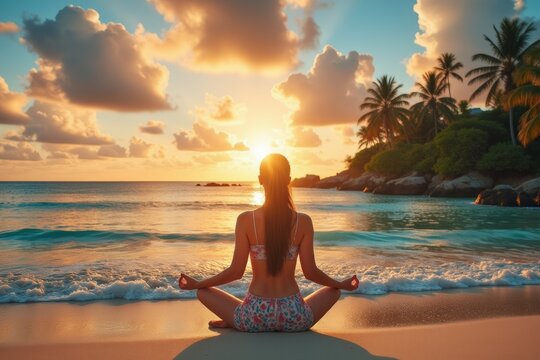 Woman meditating on a tropical beach at sunset.