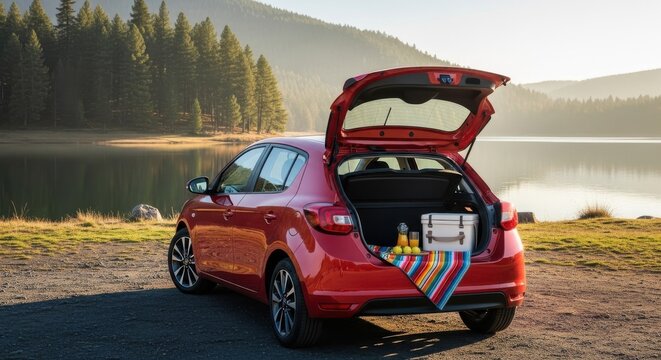 Red Car with Open Trunk Packed for a Road Trip by a Scenic Lake and Mountains
