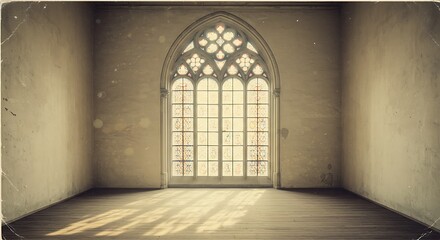 Empty room with Gothic vintage window background postcard