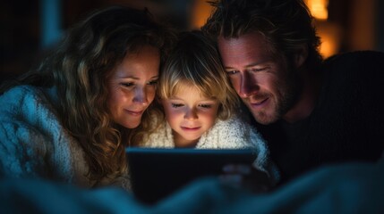 A family of three, including a mother, father, and child, using a digital tablet in a cozy, dimly lit room with a blanket and a warm, glowing screen.