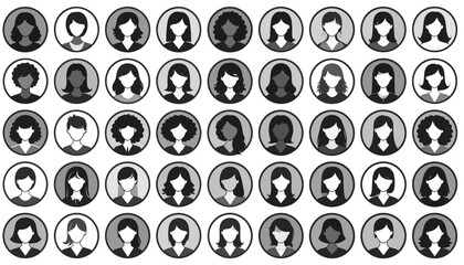 A grid of grayscale female business profile icons, varying in shade.