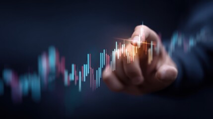 A person's hand touching a virtual stock market graph on a dark background.