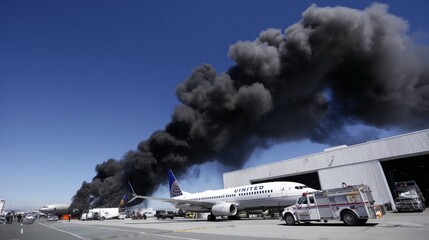 White airplane on fire at San Francisco airport with smoke rising from engine near hangar, emergency truck responding, another aircraft burning under blue sky