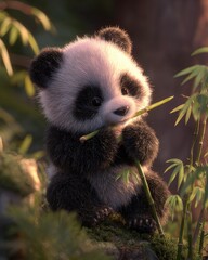 Obraz premium Baby panda eating bamboo in a lush forest setting