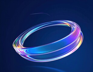 Iridescent Glass Ring Abstract 3D Render with Vibrant Color Gradients on Dark Blue.