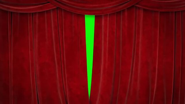 Red velvet theater curtain opening to reveal a chroma key green screen for compositing