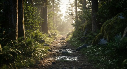 Fototapeta premium Golden Light on Forest Floor with Water Trail